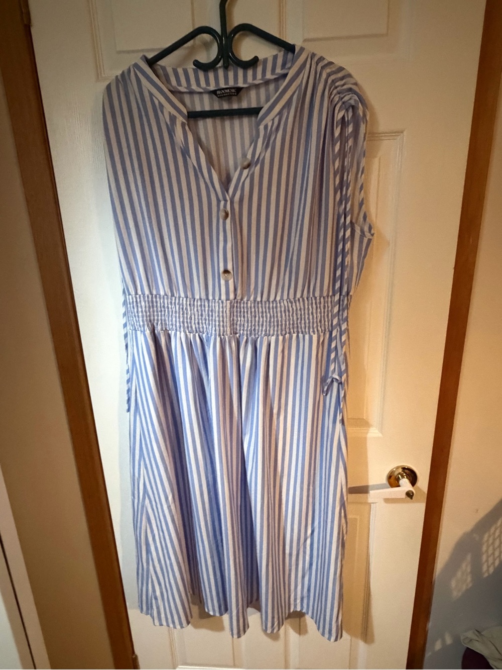BloomChic Blue and White Striped Midi Dress with Smocked Waist